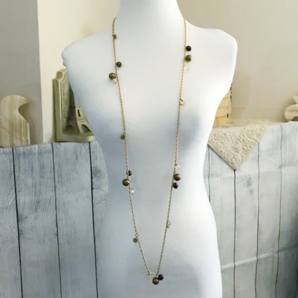 Long Gold Tone Bead Statement Necklace - Picture 2 of 7